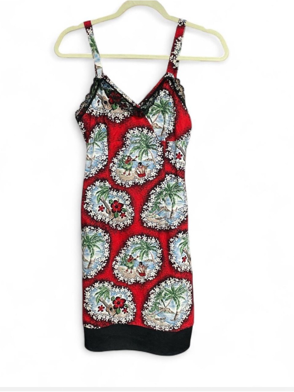 Womens Red Tropical Print Midi Dress with Black Trim